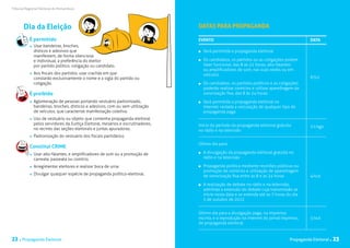 Tribunal Regional Eleitoral de Pernambuco                                                                                     Tribunal Regional Eleitoral de Pernambuco




       Dia da Eleição                                                              DATAS PARA PROPAGANDA

           É permitido                                                             evento                                                           DATA
             	 Usar bandeiras, broches,
               dísticos e adesivos que                                              	 Será permitida a propaganda eleitoral
               manifestem, de forma silenciosa
               e individual, a preferência do eleitor                               	 Os candidatos, os partidos ou as coligações podem
               por partido político, coligação ou candidato.                          fazer funcionar, das 8 às 22 horas, alto-falantes
                                                                                      ou amplificadores de som, nas suas sedes ou em
             	 Aos fiscais dos partidos, usar crachás em que                          veículos
               constarão exclusivamente o nome e a sigla do partido ou                                                                              6/jul
               coligação.                                                           	 Os candidatos, os partidos políticos e as coligações
                                                                                      poderão realizar comícios e utilizar aparelhagem de
           É proibido                                                                 sonorização fixa, das 8 às 24 horas
             	 Aglomeração de pessoas portando vestuário padronizado,               	 Será permitida a propaganda eleitoral na
               bandeiras, broches, dísticos e adesivos, com ou sem utilização         internet, vedada a veiculação de qualquer tipo de
               de veículos, que caracterize manifestação coletiva.                    propaganda paga
             	 Uso de vestuário ou objeto que contenha propaganda eleitoral
               pelos servidores da Justiça Eleitoral, mesários e escrutinadores,   Início do período da propaganda eleitoral gratuita               21/ago
               no recinto das seções eleitorais e juntas apuradoras.               no rádio e na televisão
             	 Padronização do vestuário dos fiscais partidários.
                                                                                   Último dia para:
           Constitui CRIME
             	 Usar alto-falantes, e amplificadores de som ou a promoção de         	 A divulgação da propaganda eleitoral gratuita no
               carreata, passeata ou comício.                                         rádio e na televisão

             	 Arregimentar eleitores e realizar boca de urna.                      	 Propaganda política mediante reuniões públicas ou
                                                                                      promoção de comícios e utilização de aparelhagem
             	 Divulgar qualquer espécie de propaganda político-eleitoral.            de sonorização fixa entre as 8 e as 24 horas                  4/out

                                                                                    	 A realização de debate no rádio e na televisão,
                                                                                      admitida a extensão do debate cuja transmissão se
                                                                                      inicie nesta data e se estenda até as 7 horas do dia
                                                                                      5 de outubro de 2012


                                                                                   Último dia para a divulgação paga, na imprensa
                                                                                   escrita, e a reprodução na internet do jornal impresso,          5/out
                                                                                   de propaganda eleitoral


22 . Propaganda Eleitoral                                                                                                             Propaganda Eleitoral .      23
 
