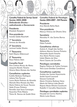 4
Conselho Federal de Psicologia
Gestão 2004-2007 - XIII Plenário
Presidente
Ana Mercês Bahia Bock
Vice-presidente
Marcus Vinícius de Oliveira Silva
Secretária
Monalisa N. dos Santos Barros
Tesoureiro
Odair Furtado
Conselheiros efetivos
Acácia A. Angeli dos Santos
Adriana Alencar Gomes Pinheiro
Alexandra Ayach Anache
Ana Maria Pereira Lopes
Iolete Ribeiro da Silva
Nanci Soares de Carvalho
Psicólogos convidados
Regina Helena de Freitas Campos
Vera Lúcia Giraldez Canabrava
Conselheiros suplentes
Andréa dos Santos Nascimento
André Isnard Leonardi
Giovani Cantarelli
Maria Christina Barbosa Veras
Maria de Fátima Lobo Boschi
Rejane Maria Oliveira Cavalcanti
Rodolfo V. Carvalho Nascimento
Psicólogos convidados suplentes
Deusdet do Carmo Martins
Maria Luiza Moura
Conselho Federal de Serviço Social
Gestão 2005-2008
Defendendo Direitos -
radicalizando a Democracia
Presidente
Elisabete Borgianni
Vice-presidente
Ivanete Salete Boschetti
1ª Secretária
Simone de Almeida
2ª Secretária
Jucimeri Isolda Silveira
1ª Tesoureira
Ruth Ribeiro Bittencourt
2ª Tesoureira
Rosa Helena Stein
Conselho fiscal
Ana Cristina Muricy de Abreu
Joaquina Barata Teixeira
Silvana Mara Moraes dos Santos
Conselheiros suplentes
Eutália Barbosa Rodrigues
Juliane Feix Peruzzo
Laura Maria Pedrosa de Almeida
Marcelo Braz Moraes dos Reis
Maria Helena de Souza Tavares
Neile D’oran Pinheiro
Ronaldo José Sena Camargos
Rosanilce Pinto Ribeiro
Tânia M. Ramos de Godói Diniz
 