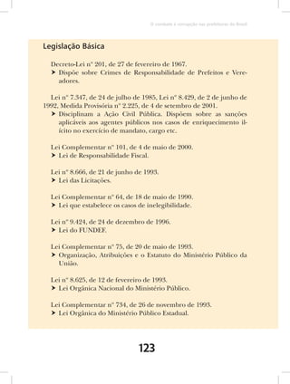 O combate à corrupção nas prefeituras do Brasil




Legislação Básica

  Decreto-Lei nº 201, de 27 de fevereiro de 1967.
   Dispõe sobre Crimes de Responsabilidade de Prefeitos e Vere-
    adores.

  Lei nº 7.347, de 24 de julho de 1985, Lei nº 8.429, de 2 de junho de
1992, Medida Provisória nº 2.225, de 4 de setembro de 2001.
   Disciplinam a Ação Civil Pública. Dispõem sobre as sanções
     aplicáveis aos agentes públicos nos casos de enriquecimento il-
     ícito no exercício de mandato, cargo etc.

  Lei Complementar nº 101, de 4 de maio de 2000.
   Lei de Responsabilidade Fiscal.

  Lei nº 8.666, de 21 de junho de 1993.
   Lei das Licitações.

  Lei Complementar nº 64, de 18 de maio de 1990.
   Lei que estabelece os casos de inelegibilidade.

  Lei nº 9.424, de 24 de dezembro de 1996.
   Lei do FUNDEF.

  Lei Complementar nº 75, de 20 de maio de 1993.
   Organização, Atribuições e o Estatuto do Ministério Público da
    União.

  Lei nº 8.625, de 12 de fevereiro de 1993.
   Lei Orgânica Nacional do Ministério Público.

  Lei Complementar nº 734, de 26 de novembro de 1993.
   Lei Orgânica do Ministério Público Estadual.




                                123
 