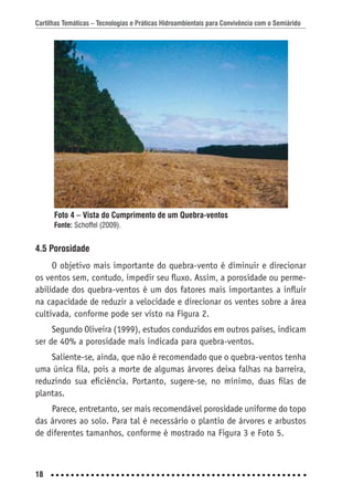 Cartilhas Temáticas – Tecnologias e Práticas Hidroambientais para Convivência com o Semiárido
18
Foto 4 – Vista do Cumprimento de um Quebra-ventos
Fonte: Schoffel (2009).
4.5 Porosidade
O objetivo mais importante do quebra-vento é diminuir e direcionar
os ventos sem, contudo, impedir seu ﬂuxo. Assim, a porosidade ou perme-
abilidade dos quebra-ventos é um dos fatores mais importantes a inﬂuir
na capacidade de reduzir a velocidade e direcionar os ventes sobre a área
cultivada, conforme pode ser visto na Figura 2.
Segundo Oliveira (1999), estudos conduzidos em outros países, indicam
ser de 40% a porosidade mais indicada para quebra-ventos.
Saliente-se, ainda, que não é recomendado que o quebra-ventos tenha
uma única ﬁla, pois a morte de algumas árvores deixa falhas na barreira,
reduzindo sua eﬁciência. Portanto, sugere-se, no mínimo, duas ﬁlas de
plantas.
Parece, entretanto, ser mais recomendável porosidade uniforme do topo
das árvores ao solo. Para tal é necessário o plantio de árvores e arbustos
de diferentes tamanhos, conforme é mostrado na Figura 3 e Foto 5.
 