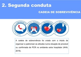 A cadeia de sobrevivência foi criada com o intuito de
organizar e padronizar as atitudes numa situação de provável
ou confirmada de PCR no ambiente extra hospitalar (AHA,
2019).
2. Segunda conduta
CADEIA DE SOBREVIVÊNCIA
 