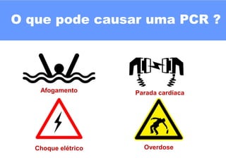 O que pode causar uma PCR ?
Afogamento
Choque elétrico Overdose
Parada cardíaca
 