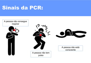Sinais da PCR:
A pessoa não está
consciente
A pessoa não consegue
respirar
A pessoa não tem
pulso
 