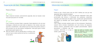 10                                                        Cartilha de Reciclagem de Lixo   Cartilha de Reciclagem de Lixo                                                         19


 Separação do lixo - Passo a passo                                                           Materiais recicláveis

     Passo a Passo                                                                                Papel

                                                                                                  Estima-se que o Brasil perde mais de US$ 4 bilhões por ano por não
     2º passo:                                                                                    aproveitar todo o material reciclável.
     Todo o material reciclável, anteriormente separado, deve ser lavado e estar                  A reciclagem do papel se torna um processo importante tanto pela
     seco para que possa ser reciclado.                                                           preservação das árvores e diminuição dos problemas ambientais
                                                                                                  causados pela fabricação de papéis novos, quanto pelo aproveitamento

     3º passo:
                                                                                                  dos papéis já utilizados que seriam jogados fora poluindo o meio
                                                                                                  ambiente.
     Com o material reciclável limpo e separado, basta depositá-lo em um local                    Com o papel reciclado também pode ser feito artesanato. Atualmente,
     estratégico e diferente do local onde se deposita o lixo comum, para que                     existem vários artesãos trabalhando com esta técnica em pequenas
     seja fácil o recolhimento. Vale lembrar que fica muito mais prático colocar o                oficinas caseiras, produzindo além de papéis personalizados, objetos
     lixo reciclável em um saco plástico transparente, tanto para quem recolhe                    decorativos e utilitários, que são
quanto para quem separa o lixo.                                                                   criativos, diferentes e o que é      Papéis que podem ser reciclados: Jornais;
ccolocar o lixo na calçada deve-se verificar o dia
Antes de                                                                                                                               Papéis de computador; Sacos de papel;
                                                                                                  melhor: geram renda.
                                                                                                                                       Papéis de escritório; Cadernos.
     exato em que a coleta seletiva de lixo faz o recolhimento
     no seu bairro.                                                                                                                    Papéis que NÃO podem ser reciclados:
                                                                                                                                       Papéis engordurados; Carbonos; Celofanes;
                                                                                                                                       Papéis plastificados; Papéis parafinados (fax).
 