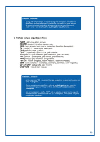 (!) Pontos a observar:

              a) Segundo a regra antiga, se a palavra seguinte começasse pela letra “H”,
              deveríamos escrever sem hífen: subepático e subumano. As novas edições
              de nossos principais dicionários já registram as formas com hífen, como
              prefere o novo acordo ortográfico: sub-hepático e sub-humano.




6) Prefixos sempre seguidos de hífen:

      ALÉM - além-mar, além-túmulo;
      AQUÉM - aquém-fronteiras, aquém-mar;
      BEM - bem-amado, bem-querer (exceções: bendizer, benquisto);
      EX (= anterior) - ex-senador, ex-esposa;
      GRÃ - grã-duquesa, grã-fino;
      GRÃO (= grande) - grão-duque, grão-mestre;
      PÓS (tônico) - pós-moderno, pós-meridiano, pós-cabralino;
      PRÉ (tônico) - pré-nupcial, pré-estreia, pré-vestibular;
      PRÓ (tônico) - pró-britânico, pró-governo;
      RECÉM - recém-chegado, recém-nascido, recém-nomeado;
      SEM - sem-número (= inúmeros), sem-terra, sem-teto, sem-vergonha;
      SOTA/SOTO - sota-piloto, soto-mestre;
      VICE/VIZO - vice-diretor, vizo-rei.




         (!) Pontos a observar:

              a) Com o prefixo “CO-“, o uso do hífen era obrigatório: co-autor, co-fundador, co-
              seno, co-tangente...

              Com o novo acordo ortográfico, o hífen só será obrigatório se o segundo
              elemento começar por “h”: co-herdeiro, coautor, cofundador, cosseno,
              cotangente.

              Nas formações com o prefixo “CO-“, este se aglutina em geral com o segundo
              elemento mesmo quando iniciado por “o”: coobrigação, coocupante, cooperar,
              cooperação, coordenar...




                                                                                                   15
 