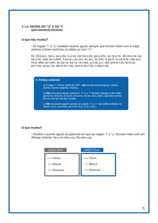 2.1.b. REGRA DO “U” E DO “I”
        (parcialmente abolida):


O que não mudou?

       - As vogais “i” e “u” recebem acento agudo sempre que formam hiato com a vogal
       anterior e ficam sozinhas na sílaba ou com “s”.

      PRINCIPAIS NOVIDADES DA REFORMA ORTOGRÁFIC:ele re-ú-ne, eu            A
      Ex: Gra-ja-ú, ba-ú, sa-ú-de, vi-ú-va, con-te-ú-do, ga-ú-cho, eu re-ú-no,
       sa-ú-do, eles sa-ú-dam, I-ca-ra-í, eu ca-í, eu sa-í, eu tra-í, o pa-ís, tu ca-ís-te, nós ca-í-
       mos, eles ca-í-ram, eu ca-í-a, ba-í-a, ra-í-zes, ju-í-za, ju-í, zes, pre-ju-í-zo, fa-ís-ca,
       pro-í-bo, je-su-í-ta, dis-tri-bu-í-do, con-tri-bu-í-do, a-atra-í-do...



          (!) Pontos a observar:

                 a) A vogal “i” tônica, antes de “NH”, não recebe acento agudo: rainha,
                 bainha, tainha, ladainha, moinho...

                 b) Não há acento agudo quando o “u” e o “i” formam ditongo e não hiato:
                 gra-tui-to, for-tui-to, in-tui-to, cir-cui-to, mui-to, sai-a, bai-a, que eles cai-am,
                 ele cai, ele sai, ele trai, os pais...

                 c) Não há acento agudo quando as vogais “i” e “u” não estão isoladas na
                 sílaba: ca-iu, ca-ir-mos, sa-in-do, ra-iz, ju-iz, ru-im...




O que mudou?

       - Perdem o acento agudo as palavras em que as vogais “i” e “u” formam hiato com um
       ditongo anterior: fei-u-ra, bai-u-ca, Bo-cai-u-va.



                     COMO ERA?                              COMO FICA?


                     => Feiúra                              => Feiura

                     => Baiúca                              => Baiuca

                     => Bocaiúva                            => Bocaiuva




                                                                                                         5
 