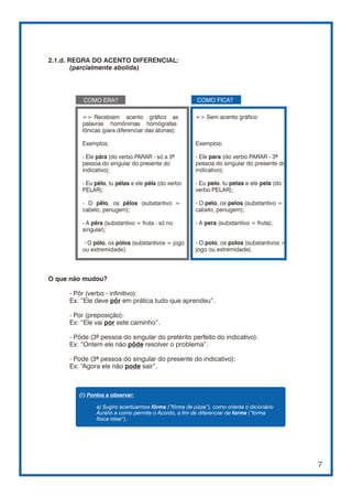 2.1.d. REGRA DO ACENTO DIFERENCIAL:
        (parcialmente abolida)



         COMO ERA?                                     COMO FICA?

         => Recebiam acento gráfico as                => Sem acento gráfico:
         palavras homônimas homógrafas
         tônicas (para diferenciar das átonas):

         Exemplos:                                    Exemplos:

         - Ele pára (do verbo PARAR - só a 3ª         - Ele para (do verbo PARAR - 3ª
         pessoa do singular do presente do            pessoa do singular do presente do
         indicativo);                                 indicativo);

         - Eu pélo, tu pélas e ele péla (do verbo     - Eu pelo, tu pelas e ele pela (do
         PELAR);                                      verbo PELAR);

         - O pêlo, os pêlos (substantivo =            - O pelo, os pelos (substantivo =
         cabelo, penugem);                            cabelo, penugem);

         - A pêra (substantivo = fruta - só no        - A pera (substantivo = fruta);
         singular);

         - O pólo, os pólos (substantivos = jogo      - O polo, os polos (substantivos =
         ou extremidade).                             jogo ou extremidade).



O que não mudou?

     - Pôr (verbo - infinitivo):
     Ex: “Ele deve pôr em prática tudo que aprendeu”.

     - Por (preposição):
     Ex: “Ele vai por este caminho”.

     - Pôde (3ª pessoa do singular do pretérito perfeito do indicativo):
     Ex: “Ontem ele não pôde resolver o problema”.

     - Pode (3ª pessoa do singular do presente do indicativo):
     Ex: “Agora ele não pode sair”.



        (!) Pontos a observar:

              a) Sugiro acentuarmos fôrma (”fôrma de pizza”), como orienta o dicionário
              Aurélio e como permite o Acordo, a fim de diferenciar de forma (”forma
              física ideal”).




                                                                                           7
 