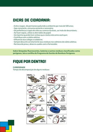 DICAS DE CIDADANIA:
- Evite o isopor, ele permanece poluindo o ambiente por mais de 500 anos;
- Seja consciente, consuma somente o necessário;
- De preferência a copos de vidro ou canecas duráveis, ao invés de descartáveis;
- Ao fazer copias, utilize os dois lados do papel;
- Só imprima quando tiver certeza que o texto está como você quer;
- Contribua com a coleta seletiva;
- Influencie seus colegas a colaborar;
- Sempre descarte corretamente seus resíduos nos coletores de coleta seletiva;
- Na troca de pneus, deixe os usados com o fornecedor.
Sobre lâmpadas fluorescentes, baterias e outros resíduos classificados como
perigosos, leia a cartilha do Programa de Gestão de Resíduos Perigosos.

FIQUE POR DENTRO!
CURIOSIDADE
Tempo de decomposição de alguns resíduos:

 
