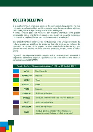 COLETA SELETIVA
É o recolhimento de materiais passíveis de serem reciclados presentes no lixo
reciclados (usualmente plásticos, vidros, papéis, metais) em separado de rejeitos e
resíduos orgânicos. É o processo que antecede a reciclagem.
A coleta seletiva pode ser realizada por iniciativa individual (uma pessoa
preocupada com o montante de resíduos que gera) ou conjunta (empresas,
condomínios, escolas, cidades, bancos, Universidades e associações).
Este procedimento de separação de resíduos surge como uma possibilidade de
reduzir o crescente problema de gestão do lixo: são centenas de milhares de
toneladas de plástico, vidro, papéis, papelão, latas de alumínio e de aço que
podem ter como destino um novo processo produtivo, ou seja, como matériaprima.
Organizar um programa de coleta seletiva não é tão complicado. Contudo, é
importante conhecer e respeitar a padronização de cores do Conselho Nacional
do Meio ambiente (CONAMA):
Padrão de Cores (Resolução CONAMA nº 275, de 25 de abril 2001)
AZUL

VERMELHO
VERDE

Papel/papelão
Plástico
Vidro

AMARELO

Metal

LARANJA

Resíduos perigosos

PRETO

BRANCO
ROXO

MARROM
CINZA

Madeira

Resíduos ambulatoriais e de serviços de saúde
Resíduos radioativos
Resíduos orgânicos

Resíduo geral não reciclável ou misturado,
ou contaminado (não passível de separação)

 