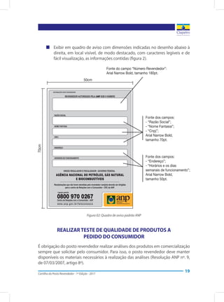 Cartilha do Posto Revendedor - 1ª Edição - 2017
19
„„ Exibir em quadro de aviso com dimensões indicadas no desenho abaixo à
direita, em local visível, de modo destacado, com caracteres legíveis e de
fácil visualização, as informações contidas (figura 2).
Figura 02: Quadro de aviso padrão ANP
REALIZAR TESTE DE QUALIDADE DE PRODUTOS A
PEDIDO DO CONSUMIDOR
É obrigação do posto revendedor realizar análises dos produtos em comercialização
sempre que solicitar pelo consumidor. Para isso, o posto revendedor deve manter
disponíveis os materiais necessários à realização das análises (Resolução ANP nº. 9,
de 07/03/2007, artigo 8º).
 