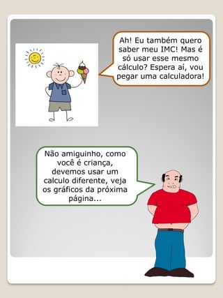 Ah! Eu também quero saber meu IMC! Mas é só usar esse mesmo cálculo? Espera aí, vou pegar uma calculadora! 
Não amiguinho, como você é criança, devemos usar um calculo diferente, veja os gráficos da próxima página...  
