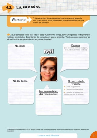 Persona
O tipo específico de personalidade que uma pessoa aparenta
ter e que é muitas vezes diferente da sua personalidade na vida
real ou em privado.20
Eu, eu e só eu
A sua identidade não é fixa. Não só pode mudar com o tempo, como uma pessoa pode gerenciar
múltiplas identidades, dependendo do contexto em que se encontra. Você consegue descrever as
várias identidades que adota nas seguintes situações?
4.2.
20
Cambridge Dictionaries online (2013), ‘persona’ (online), http://dictionary.cambridge.org/dictionary/british/persona?q=persona, acessado em
19/12/2012.
VOCÊ
31Construa a sua identidade
Na escola
No seu bairro
Nas comunidades
das redes sociais
Em casa
No mercado de
trabalho
Jovem responsável
Trabalhador estudante
Trabalha na padaria do
bairro aos fins de semana
(por exemplo: com os seus pais,
avós, os seus irmãos e irmãs)
 
