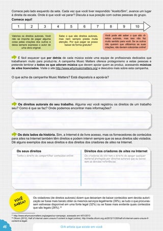 Comece pelo lado esquerdo da seta. Cada vez que você tiver respondido “Aceito/Sim”, avance um lugar
à direita da escala. Onde é que você vai parar? Discuta a sua posição com outras pessoas do grupo.
Comece aqui!
O que acha da campanha Music Matters? Está disposto/a a apoiá-la?
Os direitos autorais do seu trabalho. Alguma vez você registrou os direitos de um trabalho
seu? Como é que se faz? Onde podemos encontrar mais informações?
Valoriza os direitos autorais. Você
não se importa de pagar alguma
coisa pelas criações dos outros e
deixa sempre expresso o autor de
uma obra original.
Sabe o que são direitos autorais,
mas nem sempre presta muita
atenção. Por que pagar se posso
baixar de forma gratuita?
Você pode até saber o que são di-
reitos autorais, mas isso não faz
muito sentido para você. Se os outros
não querem que utilizemos as suas
criações, não deviam colocá-las online!
1 2 3 4 5 6 7 8 9 10
VOCÊ
SABIA?
Tenho o direito de compartilhar conteúdos online. Os criadores de site tem o direito de apagar qualquer
material protegido por direitos autorais que eu baixei
sem as devidas referências.
Os seus direitos Direitos dos criadores de sites na Internet
É fácil esquecer que por detrás de cada música existe uma equipe de profissionais dedicados que
trabalharam muito para produzí-la. A campanha Music Matters oferece protagonismo a estas pessoas e
pretende lembrar a todos os que adoram música que devem apoiar quem as produz, acessando músicas
de sites licenciados. Visite o site http://www.whymusicmatters.org/ e descubra mais sobre esta campanha.
Os violadores (de direitos autorais) dizem que deixariam de baixar conteúdos sem devida autori-
zação se fosse mais barato obter os mesmos serviços legalmente (39%), se tudo o que procuras-
sem estivesse disponível em uma fonte legal (32%) ou se fosse mais evidente quais conteúdos
que são legais (26%). 32
31
http://www.whymusicmatters.org/pages/our-campaign, acessado em 4/01/2013
32
Ofcom (2012), Half of internet users unsure if content is legal (online), http://media.ofcom.org.uk/2012/11/20/half-of-internet-users-unsure-if-
content-is-legal/.
Os dois lados da história. Sim, a Internet é de livre acesso, mas os fornecedores de conteúdos
para sites na Internet também têm direitos e podem intervir sempre que os seus direitos são violados.
Dê alguns exemplos dos seus direitos e dos direitos dos criadores de sites na Internet.
46 O/A artista que existe em você
 
