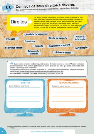 6
Conheça os seus direitos e deveres
Direitos
Educação
Segurança pessoal
Liberdade de expressão
Direito de resposta
Privacidade
Informação
confiável
Respeito Propriedade / Autoria
Ambiente seguro
Participação
Acesso à
informação
Um direito protege pessoas ou grupos da injustiça; permite às pes-
soas crescerem na plenitude das suas capacidades e tornarem-se
membros ativos da sociedade; é uma responsabilidade que cada
pessoa ou grupo tem em relação aos outros; tem a ver com o
respeito de si próprio e dos outros. Um direito cria uma obrigação
moral e jurídica que as nações e as pessoas devem cumprir.1
Quais destes conceitos você acha que são os seus direitos e deveres na Internet? Podem ser os dois
simultaneamente? Você também pode escrever outras palavras que acha que estão relacionadas com
direitos e deveres quando está online.
Você pode consultar os seus direitos e deveres na Convenção das Nações Unidas sobre os Direitos da
Criança: http://www.un.org/cyberschoolbus/humanrights/resources/plain.asp
Informações em português: http://www.unicef.pt/artigo.php?mid=18101111
DIREITOS RESPONSABILIDADES
1.1.
1
Australian Broadcasting Corporation (2000),’Human Rights: What and When’ (online), http://www.abc.net.au/civics/rights/what.htm, acessado
em 04/01/2013.
“Não existem direitos sem os deveres correspondentes”. Samuel Taylor Coleridge
Meus direitos e responsabilidades online
Liberdade de expressão Respeito pelos outros
 