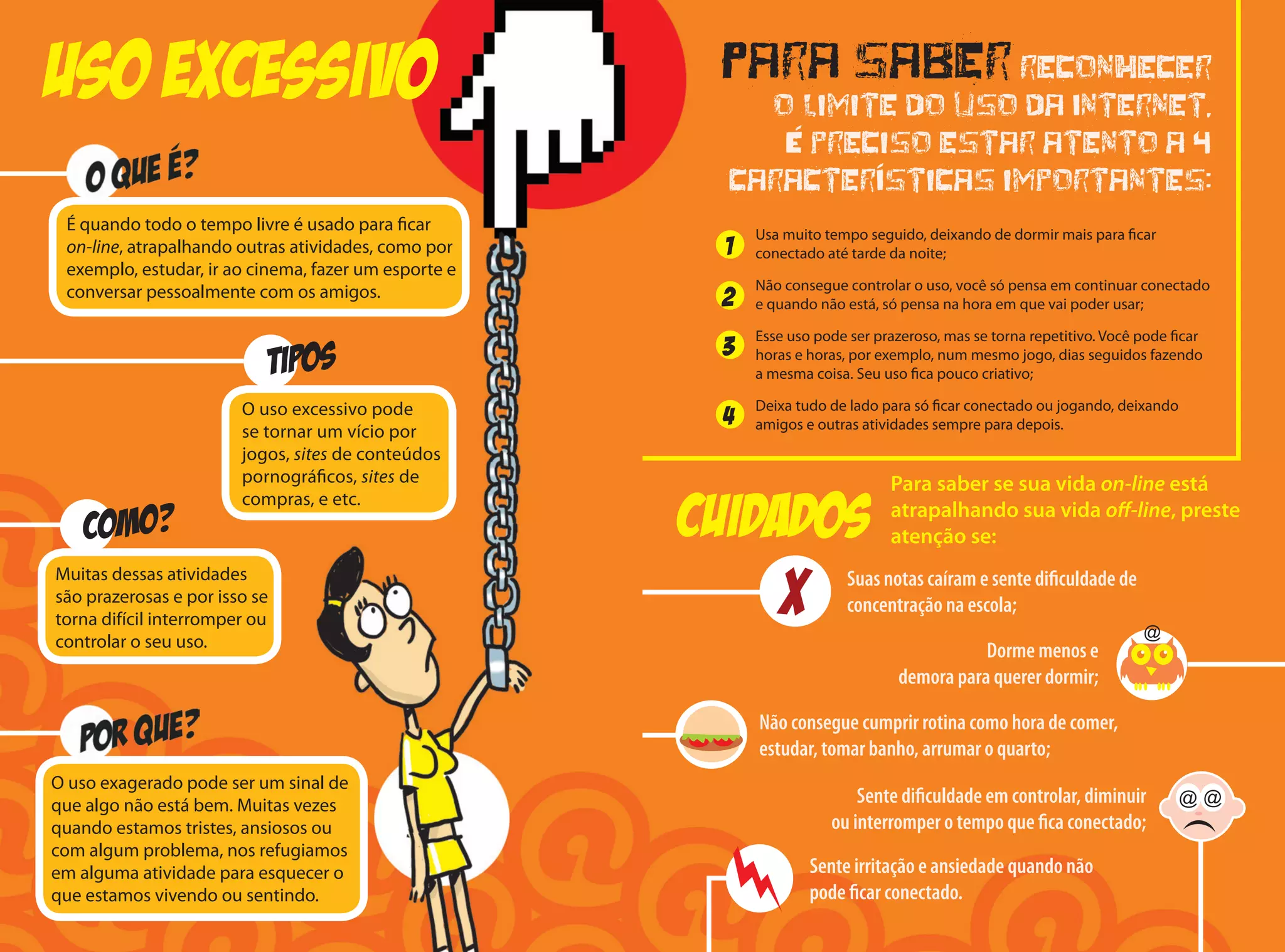 Usa muito tempo seguido, deixando de dormir mais para ficar
conectado até tarde da noite;
Não consegue controlar o uso, você só pensa em continuar conectado
e quando não está, só pensa na hora em que vai poder usar;
Esse uso pode ser prazeroso, mas se torna repetitivo. Você pode ficar
horas e horas, por exemplo, num mesmo jogo, dias seguidos fazendo
a mesma coisa. Seu uso fica pouco criativo;
Deixa tudo de lado para só ficar conectado ou jogando, deixando
amigos e outras atividades sempre para depois.
uso excessivo
COMO?
tipos
O uso exagerado pode ser um sinal de
que algo não está bem. Muitas vezes
quando estamos tristes, ansiosos ou
com algum problema, nos refugiamos
em alguma atividade para esquecer o
que estamos vivendo ou sentindo.
Muitas dessas atividades
são prazerosas e por isso se
torna difícil interromper ou
controlar o seu uso.
É quando todo o tempo livre é usado para ficar
on-line, atrapalhando outras atividades, como por
exemplo, estudar, ir ao cinema, fazer um esporte e
conversar pessoalmente com os amigos.
O uso excessivo pode
se tornar um vício por
jogos, sites de conteúdos
pornográficos, sites de
compras, e etc.
Para saber se sua vida on-line está
atrapalhando sua vida off-line, preste
atenção se:
Para saber reconhecer
o limite do uso da Internet,
é preciso estar atento a 4
características importantes:
1
2
3
4
CUIDADOS
Sente irritação e ansiedade quando não
pode ficar conectado.
X Suas notas caíram e sente dificuldade de
concentração na escola;
Dorme menos e
demora para querer dormir;
Não consegue cumprir rotina como hora de comer,
estudar, tomar banho, arrumar o quarto;
Sente dificuldade em controlar, diminuir
ou interromper o tempo que fica conectado;
 