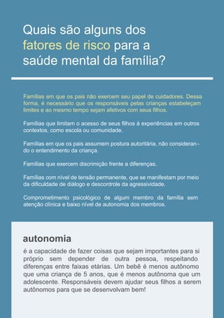 autonomia
Famílias em que os pais não exercem seu papel de cuidadores. Dessa
forma, é necessário que os responsáveis pelas crianças estabeleçam
limites e ao mesmo tempo sejam afetivos com seus ﬁlhos.
Famílias que limitam o acesso de seus ﬁlhos à experiências em outros
contextos, como escola ou comunidade.
Famílias em que os pais assumem postura autoritária, não consideran -
do o entendimento da criança.
Famílias que exercem discrimição frente a diferenças.
Famílias com nível de tensão permanente, que se manifestam por meio
da diﬁculdade de diálogo e descontrole da agressividade.
Comprometimento psicológico de algum membro da família sem
atenção clínica e baixo nível de autonomia dos membros.
é a capacidade de fazer coisas que sejam importantes para si
próprio sem depender de outra pessoa, respeitando
diferenças entre faixas etárias. Um bebê é menos autônomo
que uma criança de 5 anos, que é menos autônoma que um
adolescente. Responsáveis devem ajudar seus ﬁlhos a serem
autônomos para que se desenvolvam bem!
Quais são alguns dos
fatores de risco para a
saúde mental da família?
 