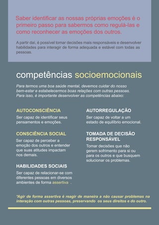 competências
Ser capaz de identiﬁcar seus
socioemocionais
AUTOCONSCIÊNCIA AUTORREGULAÇÃO
Ser capaz de voltar a um
pensamentos e emoções. estado de equilíbrio emocional.
Ser capaz de perceber a
CONSCIÊNCIA SOCIAL
emoção dos outros e entender
que suas atitudes impactam
TOMADA DE DECISÃO
nos demais.
RESPONSÁVEL
Tomar decisões que não
gerem sofrimento para si ou
para os outros e que busquem
solucionar os problemas.
HABILIDADES SOCIAIS
Ser capaz de relacionar-se com
diferentes pessoas em diversos
ambientes de forma assertiva .
Saber identiﬁcar as nossas próprias emoções é o
*Agir de forma assertiva é reagir de maneira a não causar problemas na
interação com outras pessoas, preservando os seus direitos e do outro.
Para termos uma boa saúde mental, devemos cuidar do nosso
bem-estar e estabelecermos boas relações com outras pessoas.
Para isso, é importante desenvolver as competências abaixo:
primeiro passo para sabermos como regulá-las e
como reconhecer as emoções dos outros.
A partir daí, é possível tomar decisões mais responsáveis e desenvolver
habilidades para interagir de forma adequada e estável com todas as
pessoas.
 