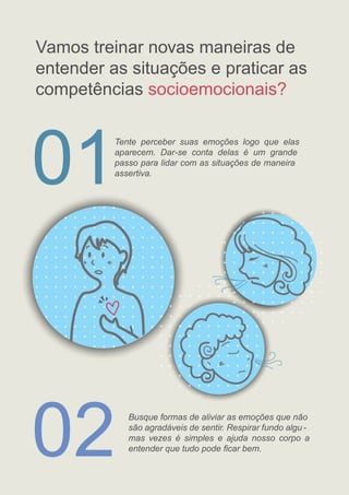 01
Vamos treinar novas maneiras de
entender as situações e praticar as
competências socioemocionais?
Tente perceber suas emoções logo que elas
aparecem. Dar-se conta delas é um grande
passo para lidar com as situações de maneira
assertiva.
02 Busque formas de aliviar as emoções que não
são agradáveis de sentir. Respirar fundo algu -
mas vezes é simples e ajuda nosso corpo a
entender que tudo pode ﬁcar bem.
 