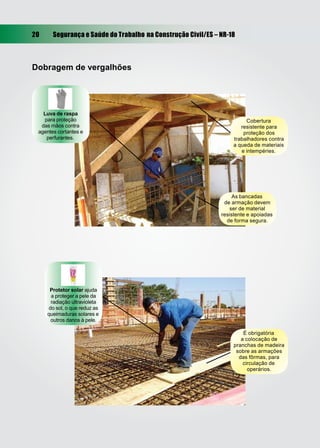 20 Segurança e Saúde do Trabalho na Construção Civil/ES – NR-18
Dobragem de vergalhões
Luva de raspa
para proteção
das mãos contra
agentes cortantes e
perfurantes.
Cobertura
resistente para
proteção dos
trabalhadores contra
a queda de materiais
e intempéries.
As bancadas
de armação devem
ser de material
resistente e apoiadas
de forma segura.
Protetor solar ajuda
a proteger a pele da
radiação ultravioleta
do sol, o que reduz as
queimaduras solares e
outros danos à pele.
É obrigatória
a colocação de
pranchas de madeira
sobre as armações
das fôrmas, para
circulação de
operários.
 