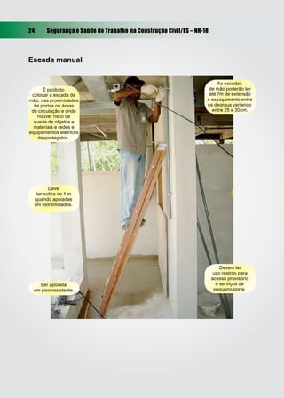 24 Segurança e Saúde do Trabalho na Construção Civil/ES – NR-18
Escada manual
É proibido
colocar a escada de
mão: nas proximidades
de portas ou áreas
de circulação e onde
houver risco de
queda de objetos e
materiais e redes e
equipamentos elétricos
desprotegidos.
As escadas
de mão poderão ter
até 7m de extensão
e espaçamento entre
os degraus variando
entre 25 e 30cm.
Devem ter
uso restrito para
acesso provisório
e serviços de
pequeno porte.
Ser apoiada
em piso resistente.
Deve
ter sobra de 1 m
quando apoiadas
em extremidades.
 