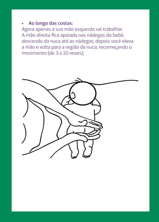 •	 Ao longo das costas:
Agora apenas a sua mão esquerda vai trabalhar.
A mão direita fica apoiada nas nádegas do bebê,
descendo da nuca até as nádegas, depois você eleva
a mão e volta para a região da nuca, recomeçando o
movimento (de 3 a 10 vezes);
 