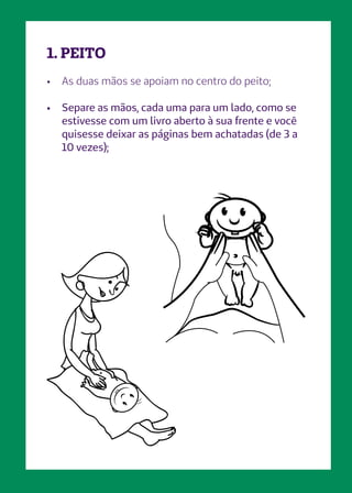 1. PEITO
•	 As duas mãos se apoiam no centro do peito;
•	 Separe as mãos, cada uma para um lado, como se
estivesse com um livro aberto à sua frente e você
quisesse deixar as páginas bem achatadas (de 3 a
10 vezes);
 