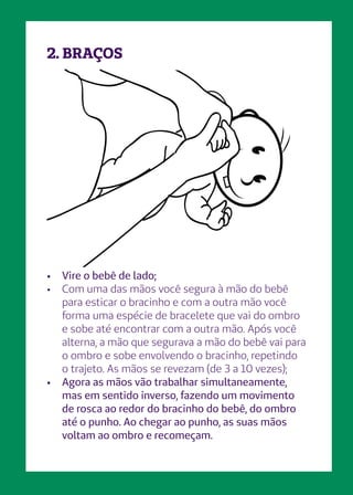 2. BRAÇOS
•	 Vire o bebê de lado;
•	 Com uma das mãos você segura à mão do bebê
para esticar o bracinho e com a outra mão você
forma uma espécie de bracelete que vai do ombro
e sobe até encontrar com a outra mão. Após você
alterna, a mão que segurava a mão do bebê vai para
o ombro e sobe envolvendo o bracinho, repetindo
o trajeto. As mãos se revezam (de 3 a 10 vezes);
•	 Agora as mãos vão trabalhar simultaneamente,
mas em sentido inverso, fazendo um movimento
de rosca ao redor do bracinho do bebê, do ombro
até o punho. Ao chegar ao punho, as suas mãos
voltam ao ombro e recomeçam.
 