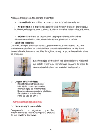 Nos Atos Inseguros estão sempre presentes:
Ø Negligência: é a displicência (pouco caso) no agir, a falta de precaução, a
indiferença do agente, que, podendo adotar as cautelas necessárias, não o faz.
Ø Imprudência: é a prática de uma conduta arriscada ou perigosa.
Ø Imperícia: é a falta de capacidade, despreparo ou insuﬁciência de
conhecimento técnico para o exercício de arte, proﬁssão ou ofício.
Ø Condição Insegura
Caracteriza-se por situações de risco, presente no local de trabalho. Ocorrem
normalmente, por falta de planejamento, prevenção ou omissão de requisitos
essenciais relacionados a medidas de higiene, e segurança, ambas relacionadas
ao ambiente.
Ex.: Instalação elétrica com ﬁos desencapados, máquinas
em estado precário de manutenção, andaime de obras de
construção civil feitos com materiais inadequados.
Ø Origem dos acidentes:
Inexistência de treinamento;
Método incorreto de trabalho;
Improvisação de ferramentas;
Desatenção ao executar a atividade;
Ferramentas daniﬁcadas;
Falta do uso de EPI's.
Conseqüências dos acidentes
Ø Incapacidade temporária
Compreende o segurado que ﬁca
temporariamente incapacitado para o exercício
de sua atividade laborativa.
7
 