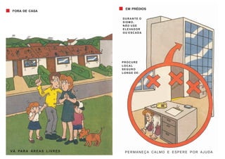 FORA DE CASA
VÁ PARA ÁREAS LIVRES
EM PRÉDIOS
DURANTE O
SISMO,
NÃO USE
ELEVADOR
OU ESCADA
PROCURE
LOCAL
SEGURO
LONGE DE:
PERMANEÇA CALMO E ESPERE POR AJUDA
 