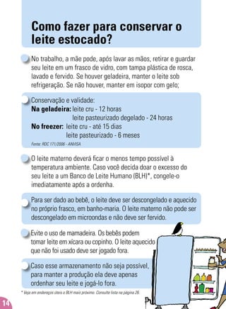 * Veja em endereços úteis o BLH mais próximo. Consulte lista na página 26.
14
Como fazer para conservar o
leite estocado?
No trabalho, a mãe pode, após lavar as mãos, retirar e guardar
seu leite em um frasco de vidro, com tampa plástica de rosca,
lavado e fervido. Se houver geladeira, manter o leite sob
refrigeração. Se não houver, manter em isopor com gelo;
Conservação e validade:
Na geladeira: leite cru - 12 horas
leite pasteurizado degelado - 24 horas
No freezer: leite cru - até 15 dias
leite pasteurizado - 6 meses
Fonte: RDC 171/2006 - ANVISA
O leite materno deverá ﬁcar o menos tempo possível à
temperatura ambiente. Caso você decida doar o excesso do
seu leite a um Banco de Leite Humano (BLH)*, congele-o
imediatamente após a ordenha.
Para ser dado ao bebê, o leite deve ser descongelado e aquecido
no próprio frasco, em banho-maria. O leite materno não pode ser
descongelado em microondas e não deve ser fervido.
Evite o uso de mamadeira. Os bebês podem
tomar leite em xícara ou copinho. O leite aquecido
que não foi usado deve ser jogado fora.
Caso esse armazenamento não seja possível,
para manter a produção ela deve apenas
ordenhar seu leite e jogá-lo fora.
 