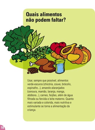 Quais alimentos
não podem faltar?
Usar, sempre que possível, alimentos
verde-escuros (chicória, couve, brócolis,
espinafre...), amarelo-alaranjados
(cenoura, mamão, laranja, manga,
abóbora...), carnes, feijões, além de água
ﬁltrada ou fervida e leite materno. Quanto
mais variada e colorida, mais nutritiva e
estimulante se torna a alimentação da
criança.
18
 