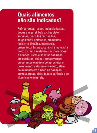 Quais alimentos
não são indicados?
Refrigerantes, sucos industrializados,
doces em geral, balas, chocolate,
sorvetes, biscoitos recheados,
salgadinhos, enlatados, embutidos
(salsicha, lingüiça, mortadela,
presunto...), frituras, café, chá mate, chá
preto ou mel não devem ser oferecidos
à criança. Estes alimentos são ricos
em gorduras, açúcar, conservantes
ou corantes e podem comprometer o
crescimento e desenvolvimento, além
de aumentarem o risco de doenças
como alergias, obesidade e carências de
vitaminas e minerais.
19
 