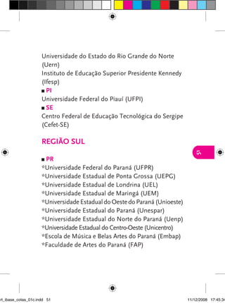 Universidade do Estado do Rio Grande do Norte
                      (Uern)
                      Instituto de Educação Superior Presidente Kennedy
                      (Ifesp)
                        pI
                      Universidade Federal do Piauí (UFPI)
                        se
                      Centro Federal de Educação Tecnológica do Sergipe
                      (Cefet-SE)

                      regIão sul




                                                                                51
                       pr
                      *Universidade Federal do Paraná (UFPR)
                      *Universidade Estadual de Ponta Grossa (UEPG)
                      *Universidade Estadual de Londrina (UEL)
                      *Universidade Estadual de Maringá (UEM)
                      *Universidade Estadual do Oeste do Paraná (Unioeste)
                      *Universidade Estadual do Paraná (Unespar)
                      *Universidade Estadual do Norte do Paraná (Uenp)
                      *Universidade Estadual do Centro-Oeste (Unicentro)
                      *Escola de Música e Belas Artes do Paraná (Embap)
                      *Faculdade de Artes do Paraná (FAP)




art_ibase_cotas_01c.indd 51                                                  11/12/2008 17:45:34
 