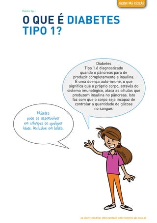 Diabetes tipo 1
O QUE É DIABETES
TIPO 1?
Diabetes
Tipo 1 é diagnosticado
quando o pâncreas para de
produzir completamente a insulina.
É uma doença auto-imune, o que
significa que o próprio corpo, através do
sistema imunológico, ataca as células que
produzem insulina no pâncreas. Isto
faz com que o corpo seja incapaz de
controlar a quantidade de glicose
no sangue.
Diabetes
pode se desenvolver
em crianças de qualquer
idade, inclusive em bebês.
UM PACOTE EDUCATIVO PARA INFORMAR SOBRE DIABETES NAS ESCOLAS
EQUIPE DAS ESCOLAS
 