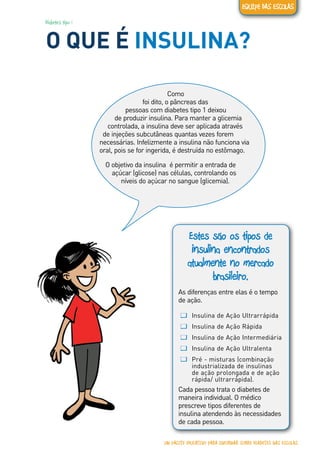 Diabetes tipo 1
O QUE É INSULINA?
Estes são os tipos de
insulina encontrados
atualmente no mercado
brasileiro.
As diferenças entre elas é o tempo
de ação.
ƢƢ Insulina de Ação Ultrarrápida
ƢƢ Insulina de Ação Rápida
ƢƢ Insulina de Ação Intermediária
ƢƢ Insulina de Ação Ultralenta
ƢƢ Pré - misturas (combinação
industrializada de insulinas
de ação prolongada e de ação
rápida/ ultrarrápida).
Cada pessoa trata o diabetes de
maneira individual. O médico
prescreve tipos diferentes de
insulina atendendo às necessidades
de cada pessoa.
Como
foi dito, o pâncreas das
pessoas com diabetes tipo 1 deixou
de produzir insulina. Para manter a glicemia
controlada, a insulina deve ser aplicada através
de injeções subcutâneas quantas vezes forem
necessárias. Infelizmente a insulina não funciona via
oral, pois se for ingerida, é destruída no estômago.
O objetivo da insulina é permitir a entrada de
açúcar (glicose) nas células, controlando os
níveis do açúcar no sangue (glicemia).
UM PACOTE EDUCATIVO PARA INFORMAR SOBRE DIABETES NAS ESCOLAS
EQUIPE DAS ESCOLAS
 