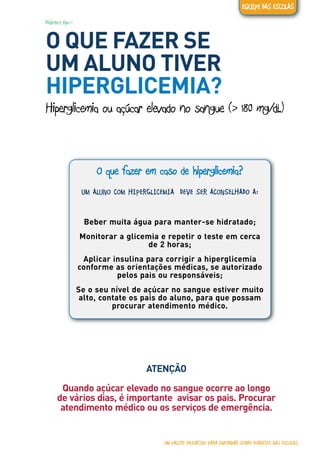 Diabetes tipo 1
O QUE FAZER SE
UM ALUNO TIVER
HIPERGLICEMIA?
Hiperglicemia ou açúcar elevado no sangue (> 180 mg/dL)
O que fazer em caso de hiperglicemia?
UM ALUNO COM HIPERGLICEMIA DEVE SER ACONSELHADO A:
Beber muita água para manter-se hidratado;
Monitorar a glicemia e repetir o teste em cerca
de 2 horas;
Aplicar insulina para corrigir a hiperglicemia
conforme as orientações médicas, se autorizado
pelos pais ou responsáveis;
Se o seu nível de açúcar no sangue estiver muito
alto, contate os pais do aluno, para que possam
procurar atendimento médico.
ATENÇÃO
Quando açúcar elevado no sangue ocorre ao longo
de vários dias, é importante avisar os pais. Procurar
atendimento médico ou os serviços de emergência.
UM PACOTE EDUCATIVO PARA INFORMAR SOBRE DIABETES NAS ESCOLAS
EQUIPE DAS ESCOLAS
 