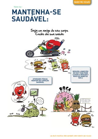 Diabetes tipo 1
MANTENHA-SE
SAUDÁVEL:
REDUZIR A INGESTÃO
DE FAST FOOD PODE
AJUDAR A REDUZIR O
RISCO DE DIABETES
TIPO 2
ATIVIDADES FÍSICAS
MANTEM SEU CORAÇÃO
SAUDÁVEL
Seja um amigo do seu corpo.
Cuide da sua saúde
saúde
eu es-
tarei de
volta
lONGE
Gordura
Não entram
comidas não
saudáveis
BOCA
UM PACOTE EDUCATIVO PARA INFORMAR SOBRE DIABETES NAS ESCOLAS
EQUIPE DAS ESCOLAS
 