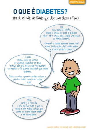 Diabetes tipo 1
Olá
meu nome é TOMÁS,
tenho 10 anos de idade e diabetes
tipo 1 há 2 anos. Vou contar um pouco
da minha história.
Comecei a sentir algumas dores, mal
estar, fazia muito xixi, comia muito
e estava perdendo peso.
E sede
então, perdi as contas
de quantas garrafas de água
tomava por dia. Meus pais me levaram
ao médico e foi quando descobri que tenho
diabetes.
Todos os dias, aprendo muitas coisas e
preciso saber como meu corpo
está.
Veja
como é o meu dia
a dia. Eu faço tudo o que eu
gosto e tem muitas coisas que
vocês da escola podem saber
e me assessorar...
OQUEÉDIABETES?
Um dia na vida de Tomás que vive com diabetes Tipo 1
UM PACOTE EDUCATIVO PARA INFORMAR SOBRE DIABETES NAS ESCOLAS
EQUIPE DAS ESCOLAS
 