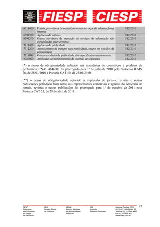 6319400   Portais, provedores de conteúdo e outros serviços de informação na   1/12/2010
          internet
6391700   Agências de notícias                                                 1/12/2010
6399200   Outras atividades de prestação de serviços de informação não         1/12/2010
          especificadas anteriormente
7311400   Agências de publicidade                                              1/12/2010
7312200   Agenciamento de espaços para publicidade, exceto em veículos de      1/12/2010
          comunicação
7319099   Outras atividades de publicidade não especificadas anteriormente     1/12/2010
8020000   Atividades de monitoramento de sistemas de segurança                 1/12/2010

(*) o prazo de obrigatoriedade aplicado aos atacadistas de cosméticos e produtos de
perfumaria, CNAE 4646001 foi prorrogado para 1º de julho de 2010 pelo Protocolo ICMS
76, de 26/03/2010 e Portaria CAT 50, de 23/04/2010.

(**) o prazo de obrigatoriedade aplicado à impressão de jornais, revistas e outras
publicações periódicas bem como aos representantes comerciais e agentes do comércio de
jornais, revistas e outras publicações foi prorrogado para 1º de outubro de 2011 pela
Portaria CAT 55, de 28 de abril de 2011.




                                                                                           97
 