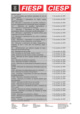 qualquer suporte
LI - estabelecimentos que realizem reprodução de som em         1º de setembro de 2009
qualquer suporte
LII - fabricantes e importadores de mídias virgens,             1º de setembro de 2009
magnéticas e ópticas
LIII - fabricantes e importadores de aparelhos telefônicos e    1º de setembro de 2009
de outros equipamentos de comunicação, peças e acessórios
LIV - fabricantes de aparelhos eletromédicos e                  1º de setembro de 2009
eletroterapeuticos e equipamentos de irradiação
LV - fabricantes e importadores de pilhas, baterias e           1º de setembro de 2009
acumuladores elétricos, exceto para veículos automotores
LVI - fabricantes e importadores de material elétrico para      1º de setembro de 2009
instalações em circuito de consumo
LVII - fabricantes e importadores de fios, cabos e condutores   1º de setembro de 2009
elétricos isolados
LVIII - fabricantes e importadores de material elétrico e       1º de setembro de 2009
eletrônico para veículos automotores, exceto baterias
LIX - fabricantes e importadores de fogões, refrigeradores e    1º de setembro de 2009
maquinas de lavar e secar para uso domestico, peças e
acessórios
LX - estabelecimentos que realizem moagem de trigo e            1º de setembro de 2009
fabricação de derivados de trigo
LXI - atacadistas de café em grão                               1º de setembro de 2009
LXII - atacadistas de café torrado, moído e solúvel             1º de setembro de 2009
LXIII - produtores de café torrado e moído, aromatizado         1º de setembro de 2009
LXIV - fabricantes de óleos vegetais refinados, exceto óleo     1º de setembro de 2009
de milho
LXV - fabricantes de defensivos agrícolas                       1º de setembro de 2009
LXVI - fabricantes de adubos e fertilizantes                    1º de setembro de 2009
LXVII - fabricantes de medicamentos homeopáticos para uso       1º de setembro de 2009
humano
LXVIII - fabricantes de medicamentos fitoterápicos para uso     1º de setembro de 2009
humano
LXIX - fabricantes de medicamentos para uso veterinário         1º de setembro de 2009
LXX - fabricantes de produtos farmoquímicos                     1º de setembro de 2009
LXXI - atacadistas e importadores de malte para fabricação      1º de setembro de 2009
de bebidas alcoólicas
LXXII - fabricantes e atacadistas de laticínios                 1º de setembro de 2009
LXXIII - fabricantes de artefatos de material plástico para     1º de setembro de 2009
usos industriais
LXXIV - fabricantes de tubos de aço sem costura                 1º de setembro de 2009
LXXV - fabricantes de tubos de aço com costura                  1º de setembro de 2009
LXXVI - fabricantes e atacadistas de tubos e conexões em        1º de setembro de 2009
PVC e cobre
LXXVII - fabricantes de artefatos estampados de metal           1º de setembro de 2009
LXXVIII - fabricantes de produtos de trefilados de metal,       1º de setembro de 2009
exceto padronizados
LXXIX - fabricantes de cronômetros e relógios                   1º de setembro de 2009
LXXX - fabricantes de equipamentos e instrumentos ópticos,      1º de setembro de 2009
peças e acessórios
LXXXI - fabricantes de equipamentos de transmissão ou de        1º de setembro de 2009
rolamentos, para fins industriais

                                                                                         80
 