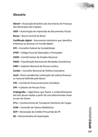 Glossário

Abrasf – Associação Brasileira das Secretarias de Finanças
dos Municípios das Capitais
AIDF – Autorização de Impressão de Documentos Fiscais
Bacen – Banco Central do Brasil
CerƟﬁcado digital - Documento eletrônico que idenƟﬁca
empresas ou pessoas no mundo digital
CFC – Conselho Federal de Contabilidade
CFOP – Código Fiscal de Operações e Prestações
CGSN – Comitê Gestor do Simples Nacional
CNAE – Classiﬁcação Nacional de AƟvidades Econômicas
CNPJ – Cadastro Nacional de Pessoa Jurídica
Confaz – Conselho Nacional de PolíƟca Fazendária
Cosif – Plano contábil das insƟtuições do sistema ﬁnancei-
ro nacional deﬁnido pelo Bacen
CPC – Comitê de Pronunciamentos Contábeis
CPF – Cadastro de Pessoa Física
Criptograﬁa – Algoritmos que fazem o embaralhamento
dos bits desses dados a parƟr de uma determinada chave
ou par de chaves
CT-e – Conhecimento de Transporte Eletrônico de Cargas
CVM – Comissão de Valores Mobiliários
DCP – Declaração do Crédito Presumido do IPI
DE – DemonstraƟvo de Exportação




                                                             127
 
