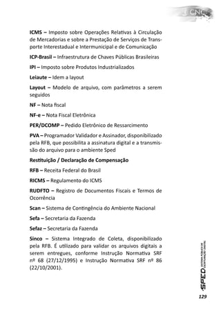 ICMS – Imposto sobre Operações RelaƟvas à Circulação
de Mercadorias e sobre a Prestação de Serviços de Trans-
porte Interestadual e Intermunicipal e de Comunicação
ICP-Brasil – Infraestrutura de Chaves Públicas Brasileiras
IPI – Imposto sobre Produtos Industrializados
Leiaute – Idem a layout
Layout – Modelo de arquivo, com parâmetros a serem
seguidos
NF – Nota ﬁscal
NF-e – Nota Fiscal Eletrônica
PER/DCOMP – Pedido Eletrônico de Ressarcimento
PVA – Programador Validador e Assinador, disponibilizado
pela RFB, que possibilita a assinatura digital e a transmis-
são do arquivo para o ambiente Sped
ResƟtuição / Declaração de Compensação
RFB – Receita Federal do Brasil
RICMS – Regulamento do ICMS
RUDFTO – Registro de Documentos Fiscais e Termos de
Ocorrência
Scan – Sistema de ConƟngência do Ambiente Nacional
Sefa – Secretaria da Fazenda
Sefaz – Secretaria da Fazenda
Sinco – Sistema Integrado de Coleta, disponibilizado
pela RFB. É uƟlizado para validar os arquivos digitais a
serem entregues, conforme Instrução NormaƟva SRF
nº 68 (27/12/1995) e Instrução NormaƟva SRF nº 86
(22/10/2001).




                                                               129
 