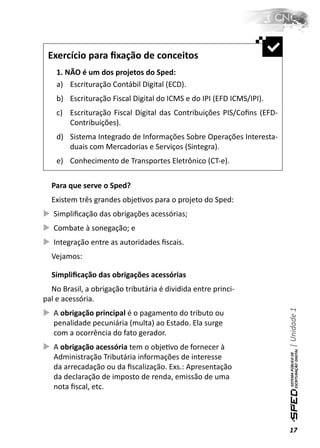 Exercício para ﬁxação de conceitos
    1. NÃO é um dos projetos do Sped:
    a) Escrituração Contábil Digital (ECD).
    b) Escrituração Fiscal Digital do ICMS e do IPI (EFD ICMS/IPI).
    c) Escrituração Fiscal Digital das Contribuições PIS/Coﬁns (EFD-
       Contribuições).
    d) Sistema Integrado de Informações Sobre Operações Interesta-
       duais com Mercadorias e Serviços (Sintegra).
    e) Conhecimento de Transportes Eletrônico (CT-e).

  Para que serve o Sped?
  Existem três grandes objeƟvos para o projeto do Sped:
   Simpliﬁcação das obrigações acessórias;
   Combate à sonegação; e
   Integração entre as autoridades ﬁscais.
  Vejamos:

  Simpliﬁcação das obrigações acessórias
  No Brasil, a obrigação tributária é dividida entre princi-
pal e acessória.
                                                                       | Unidade 1

   A obrigação principal é o pagamento do tributo ou
   penalidade pecuniária (multa) ao Estado. Ela surge
   com a ocorrência do fato gerador.
   A obrigação acessória tem o objeƟvo de fornecer à
   Administração Tributária informações de interesse
   da arrecadação ou da ﬁscalização. Exs.: Apresentação
   da declaração de imposto de renda, emissão de uma
   nota ﬁscal, etc.




                                                                       17
 