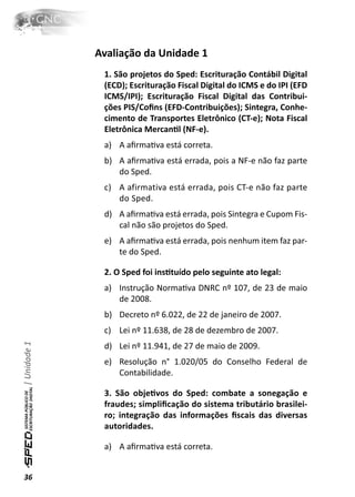 Avaliação da Unidade 1
               1. São projetos do Sped: Escrituração Contábil Digital
               (ECD); Escrituração Fiscal Digital do ICMS e do IPI (EFD
               ICMS/IPI); Escrituração Fiscal Digital das Contribui-
               ções PIS/Coﬁns (EFD-Contribuições); Sintegra, Conhe-
               cimento de Transportes Eletrônico (CT-e); Nota Fiscal
               Eletrônica MercanƟl (NF-e).
               a) A aﬁrmaƟva está correta.
               b) A aﬁrmaƟva está errada, pois a NF-e não faz parte
                  do Sped.
               c) A afirmativa está errada, pois CT-e não faz parte
                  do Sped.
               d) A aﬁrmaƟva está errada, pois Sintegra e Cupom Fis-
                  cal não são projetos do Sped.
               e) A aﬁrmaƟva está errada, pois nenhum item faz par-
                  te do Sped.

               2. O Sped foi insƟtuído pelo seguinte ato legal:
               a) Instrução NormaƟva DNRC nº 107, de 23 de maio
                  de 2008.
               b) Decreto nº 6.022, de 22 de janeiro de 2007.
               c) Lei nº 11.638, de 28 de dezembro de 2007.
| Unidade 1




               d) Lei nº 11.941, de 27 de maio de 2009.
               e) Resolução n° 1.020/05 do Conselho Federal de
                  Contabilidade.

               3. São objeƟvos do Sped: combate a sonegação e
               fraudes; simpliﬁcação do sistema tributário brasilei-
               ro; integração das informações ﬁscais das diversas
               autoridades.

               a) A aﬁrmaƟva está correta.


36
 