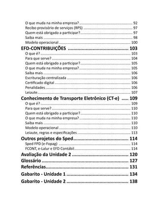 O que muda na minha empresa? .................................................... 92
  Recibo provisório de serviços (RPS) ................................................ 97
  Quem está obrigado a parƟcipar? ................................................... 97
  Saiba mais ....................................................................................... 98
  Modelo operacional ...................................................................... 100
EFD-CONTRIBUIÇÕES ............................................ 103
  O que é? ........................................................................................ 103
  Para que serve? ............................................................................. 104
  Quem está obrigado a parƟcipar? ................................................. 105
  O que muda na minha empresa? .................................................. 105
  Saiba mais ..................................................................................... 106
  Escrituração centralizada .............................................................. 106
  CerƟﬁcado digital .......................................................................... 106
  Penalidades ................................................................................... 106
  Leiaute ........................................................................................... 107
Conhecimento de Transporte Eletrônico (CT-e) ..... 109
  O que é? ........................................................................................ 109
  Para que serve? ............................................................................. 110
  Quem está obrigado a parƟcipar? ................................................. 110
  O que muda na minha empresa? .................................................. 110
  Saiba mais ..................................................................................... 110
  Modelo operacional ...................................................................... 110
  Leiaute, regras e especiﬁcações .................................................... 113
Outros projetos do Sped ........................................ 114
  Sped FPD (e-Fopag) ...................................................................... 114
  FCONT, e-Lalur e EFD Contábil ....................................................... 114
Avaliação da Unidade 2 ......................................... 120
Glossário ............................................................... 127
Referências............................................................ 131
Gabarito - Unidade 1 ............................................. 134
Gabarito - Unidade 2 ............................................. 138
 