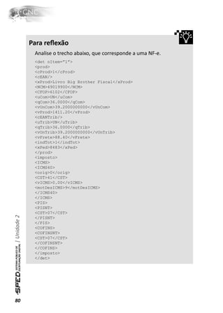 Para reﬂexão
               Analise o trecho abaixo, que corresponde a uma NF-e.
               <det nItem=”1”>
               <prod>
               <cProd>1</cProd>
               <cEAN/>
               <xProd>Livro Big Brother Fiscal</xProd>
               <NCM>49019900</NCM>
               <CFOP>6102</CFOP>
               <uCom>UN</uCom>
               <qCom>36.0000</qCom>
               <vUnCom>39.2000000000</vUnCom>
               <vProd>1411.20</vProd>
               <cEANTrib/>
               <uTrib>UN</uTrib>
               <qTrib>36.0000</qTrib>
               <vUnTrib>39.2000000000</vUnTrib>
               <vFrete>88.40</vFrete>
               <indTot>1</indTot>
               <xPed>8483</xPed>
               </prod>
               <imposto>
               <ICMS>
               <ICMS40>
               <orig>0</orig>
               <CST>41</CST>
               <vICMS>0.00</vICMS>
               <motDesICMS>9</motDesICMS>
               </ICMS40>
               </ICMS>
               <PIS>
               <PISNT>
               <CST>07</CST>
| Unidade 2




               </PISNT>
               </PIS>
               <COFINS>
               <COFINSNT>
               <CST>07</CST>
               </COFINSNT>
               </COFINS>
               </imposto>
               </det>




80
 