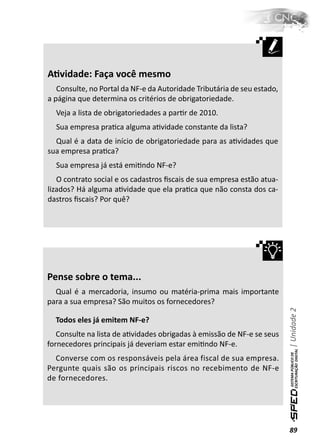 AƟvidade: Faça você mesmo
   Consulte, no Portal da NF-e da Autoridade Tributária de seu estado,
a página que determina os critérios de obrigatoriedade.
  Veja a lista de obrigatoriedades a parƟr de 2010.
  Sua empresa praƟca alguma aƟvidade constante da lista?
  Qual é a data de início de obrigatoriedade para as aƟvidades que
sua empresa praƟca?
  Sua empresa já está emiƟndo NF-e?
   O contrato social e os cadastros ﬁscais de sua empresa estão atua-
lizados? Há alguma aƟvidade que ela praƟca que não consta dos ca-
dastros ﬁscais? Por quê?




Pense sobre o tema...
  Qual é a mercadoria, insumo ou matéria-prima mais importante
para a sua empresa? São muitos os fornecedores?
                                                                         | Unidade 2


  Todos eles já emitem NF-e?
   Consulte na lista de aƟvidades obrigadas à emissão de NF-e se seus
fornecedores principais já deveriam estar emiƟndo NF-e.
  Converse com os responsáveis pela área fiscal de sua empresa.
Pergunte quais são os principais riscos no recebimento de NF-e
de fornecedores.




                                                                         89
 