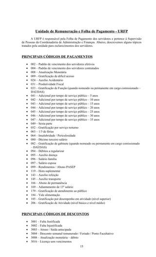 Unidade de Remuneração e Folha de Pagamento - URFP
       A URFP é responsável pela Folha de Pagamento dos servidores e pertence à Supervisão
de Pessoas da Coordenadoria de Administração e Finanças. Abaixo, descrevemos alguns tópicos
tratados pela unidade para esclarecimentos dos servidores.


PRINCIPAIS CÓDIGOS DE PAGAMENTOS

   •   002 – Padrão de vencimento dos servidores efetivos
   •   004 – Padrão de vencimento dos servidores contratados
   •   008 – Atualização Monetária
   •   009 – Gratificação de difícil acesso
   •   024 – Auxílio Acidentário
   •   031 – Produtividade Fiscal
   •   033 – Gratificação de Função (quando nomeado ou permanente em cargo comissionado –
       DAÍ/DAS)
   •   041 – Adicional por tempo de serviço público – 5 anos
   •   042 – Adicional por tempo de serviço público – 10 anos
   •   043 – Adicional por tempo de serviço público – 15 anos
   •   044 – Adicional por tempo de serviço público – 20 anos
   •   045 – Adicional por tempo de serviço público – 25 anos
   •   046 – Adicional por tempo de serviço público – 30 anos
   •   047 – Adicional por tempo de serviço público – 35 anos
   •   049 – Sexta parte
   •   052 – Gratificação por serviço noturno
   •   063 – 1/3 de férias
   •   064 – Insalubridade / Periculosidade
   •   080 – Décimo terceiro salário
   •   082 – Gratificação de gabinete (quando nomeado ou permanente em cargo comissionado
       – DAÍ/DAS)
   •   094 – Débitos a regularizar
   •   095 – Auxílio doença
   •   096 – Salário família
   •   097 – Salário esposa
   •   099 – Rendimentos / Abono PASEP
   •   119 – Hora suplementar
   •   143 – Auxílio refeição
   •   145 – Auxílio transporte
   •   166 – Abono de permanência
   •   169 – Adiantamento de 13º salário
   •   179 – Gratificação de atendimento ao público
   •   184 – Vale alimentação
   •   185 – Gratificação por desempenho em atividade (nível superior)
   •   206 – Gratificação de Atividade (nível básico e nível médio)


PRINCIPAIS CÓDIGOS DE DESCONTOS

   •   3001 – Falta Justificada
   •   3002 – Falta Injustificada
   •   3003 – Atraso / Saída antecipada
   •   3004 – Desconto semanal remunerado / Feriado / Ponto Facultativo
   •   3008 – Atualização monetária – débito
   •   3016 – Licença sem vencimentos
                                             15
 