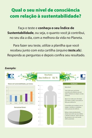Qual o seu nível de consciência
   com relação à sustentabilidade?

       Faça o teste e conheça o seu Índice de
 Sustentabilidade, ou seja, o quanto você já contribui,
  no seu dia a dia, com a melhora da vida no Planeta.

     Para fazer seu teste, utilize a planilha que você
   recebeu junto com esta cartilha (arquivo teste.xls).
 Responda as perguntas e depois conﬁra seu resultado.


Exemplo:
 