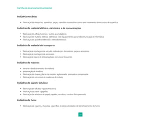 34
Cartilha de Licenciamento Ambiental
Indústria mecânica
• fabricação de máquinas, aparelhos, peças, utensílios e acessórios com e sem tratamento térmico e/ou de superfície
Indústria de material elétrico, eletrônico e de comunicações
• fabricação de pilhas, baterias e outros acumuladores
• fabricação de material elétrico, eletrônico e de equipamentos para telecomunicação e informática
• fabricação de aparelhos elétricos e eletrodomésticos
Indústria de material de transporte
• fabricação e montagem de veículos rodoviários e ferroviários, peças e acessórios
• fabricação e montagem de aeronaves
• fabricação e reparo de embarcações e estruturas ﬂutuantes
Indústria de madeira
• serraria e desdobramento de madeira
• preservação de madeira
• fabricação de chapas, placas de madeira aglomerada, prensada e compensada
• fabricação de estruturas de madeira e de móveis
Indústria de papel e celulose
• fabricação de celulose e pasta mecânica
• fabricação de papel e papelão
• fabricação de artefatos de papel, papelão, cartolina, cartão e ﬁbra prensada
Indústria de fumo
• fabricação de cigarros, charutos, cigarrilhas e outras atividades de beneﬁciamento do fumo
 